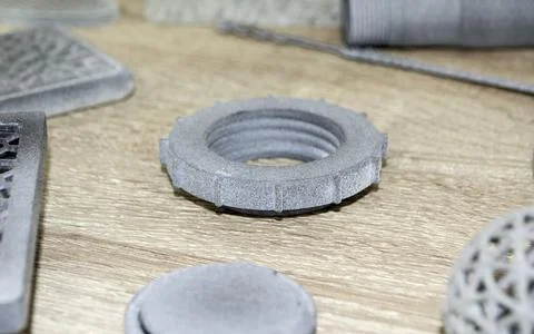 Models printed on 3D printer. Gray objects printed on 3D printer made plastic Stock Photos