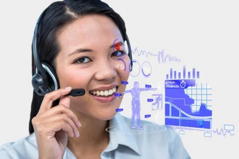 Models wearing Head set against computer graphics background Foto stock