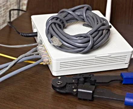 Modem, network cable and crimper for crimping chips 写真素材