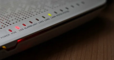 Modem router equipment internet connection lost from server, red light warning Stock Footage 80927111