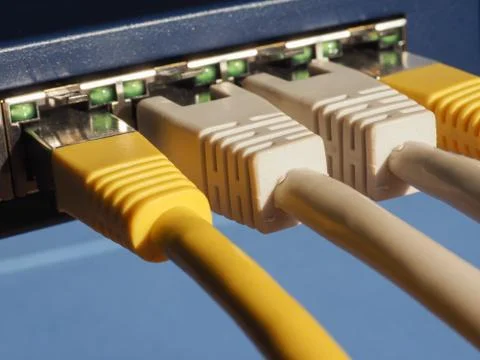 Modem router switch with RJ45 ethernet plug ports Stock Photos