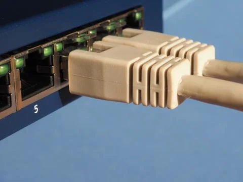 Modem router switch with RJ45 ethernet plug ports Stock Photos