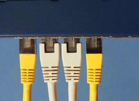 Modem router switch with RJ45 ethernet plug ports Modem router switch with... Stock Photos