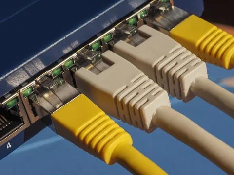 Modem router switch with RJ45 ethernet plug ports Stock Photos