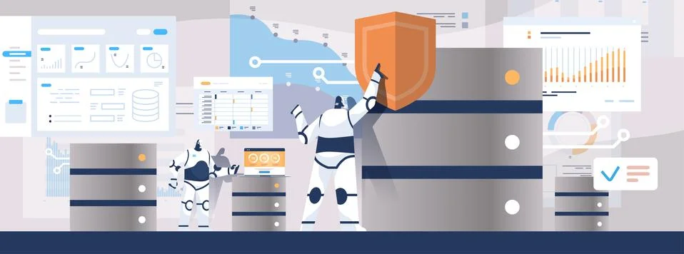 Moder robotic admins working with dataserver SQL structured query language Stock Illustration