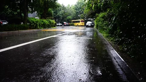 Moderate Summer Rain Makes Streams on Residential Asphalt, HD Stock Footage 202299156