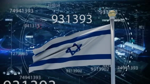 Moderate wind starting flag waving over cityscape as HUD rings and numeric Stock Footage 338356346