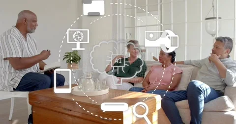 Moderator taking notes and gesturing during tech talk, animated cloud AI icons Stock Footage 322203579