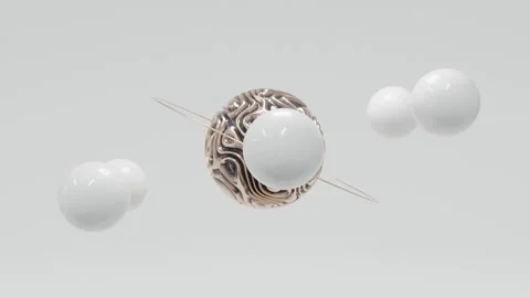 Modern 3D abstract composition with black central orb, golden elements and white Stock Footage 338250928