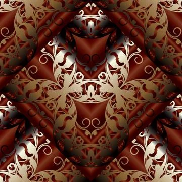 Modern 3d Baroque seamless pattern. Floral dark red background wallpaper with Stock Illustration