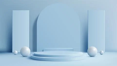Modern 3D Blue Podium with Rounded Backdrop and Geometric Elements, Perfect.. Illustrazione stock