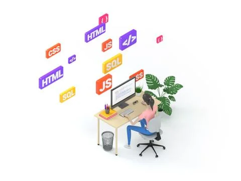 Modern 3d character web development isometric illustration. Learning programming Stock Illustration