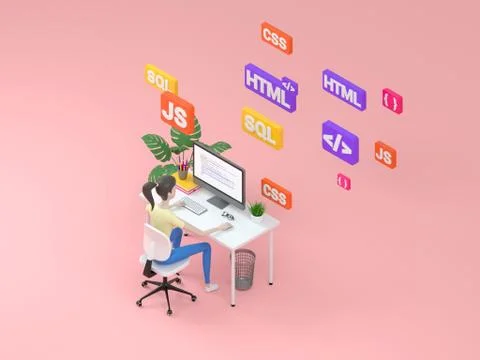 Modern 3d character web development isometric illustration. Learning programming Stock Illustration