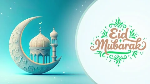 Modern 3D Eid Mubarak Greeting with Mosque and Crescent Moon on Teal Background Stock Footage 330985059