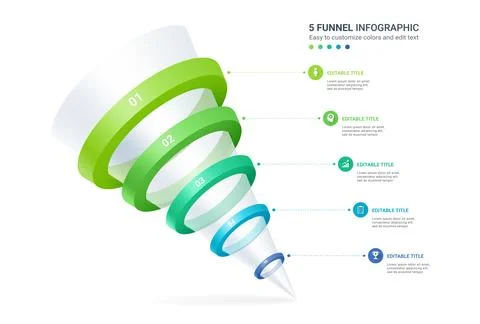 Modern 3D funnel infographic with Five Progressive Stages Stock Illustration