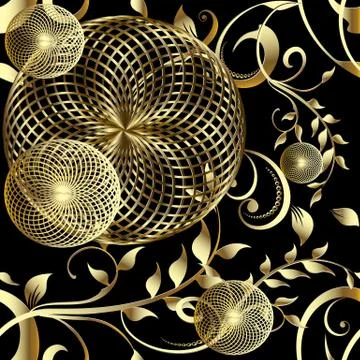 Modern 3d geometric seamless pattern. Vector floral background with gold radi Stock Illustration