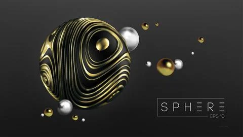 Modern 3d graphic concept. 3d sphere gold on black background for web design Illustrazione stock