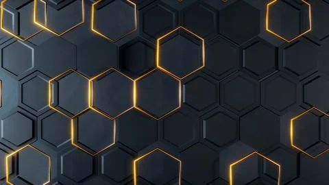 Modern 3D hexagonal design with glowing gold accents. High-tech, futuristic,  Stock Photos