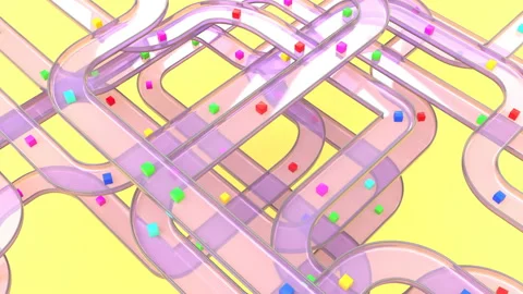 Modern 3d packaging with color boxes parcel deliver belts Goods distribution Stock Footage 197600790