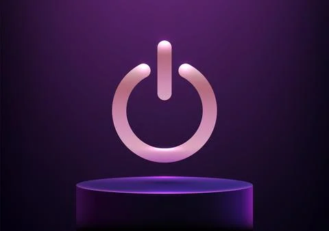 Modern 3d power button icon on cylindrical platform with pink glow, technol.. Stock Illustration