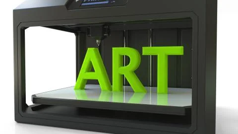 Modern 3D printer in action. Printing green ART caption, 3D rendering Stock Illustration