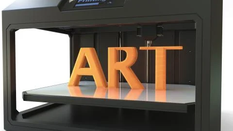 Modern 3D printer in action. Printing orange ART word, 3D rendering Stock Illustration