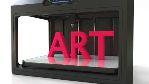 Modern 3D printer in action. Printing red ART volumetric word. 3D rendering Stock Illustration