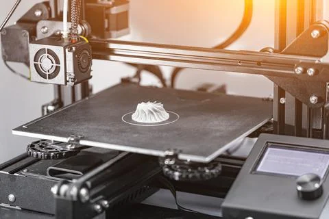 Modern 3D printer printing plastic parts, 3D printed turbine Stock Photos