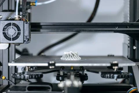 Modern 3D printer printing plastic parts, 3D printed turbine Stock Photos