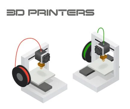 Modern 3D printers in twin isometric projection Stock Illustration