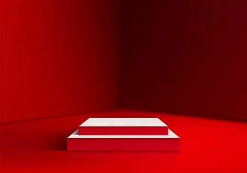 Modern 3D Red Room with White Podium for Product Display and Mockup, Sleek .. Stock Illustration