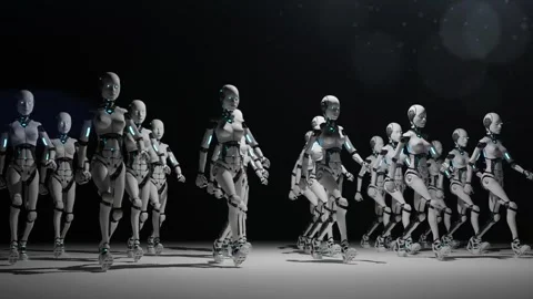 Modern 3d render animation with walking humanoid robots in lines. Like army  Stock Footage 262899187