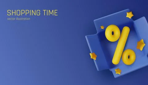 Modern 3D render of discount concept with percent sign inside a blue open box on Illustrazione stock