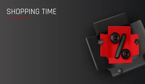 Modern 3D render of discount concept with percent sign inside a black open box Illustrazione stock