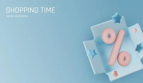 Modern 3D render of discount concept with percent sign inside a open box on a Illustrazione stock