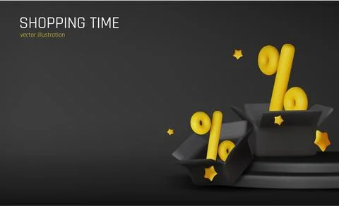 Modern 3D render of discount concept with percent sign inside a blue open box on Stock Illustration