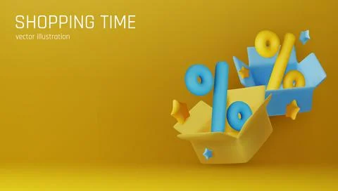 Modern 3D render of discount concept with percent sign inside a blue open box on Illustrazione stock