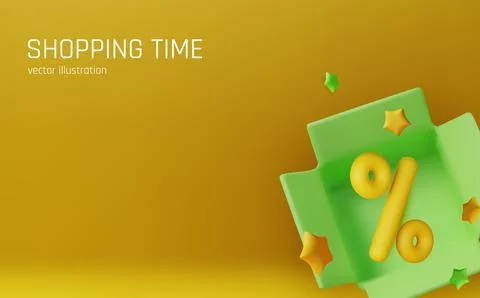 Modern 3D render of discount concept with percent sign inside a open box on a Stock Illustration