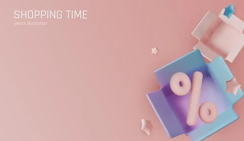 Modern 3D render of discount concept with percent sign inside a open box on a Stock Illustration