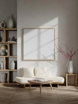 Modern 3D Render of Minimalist Interior with Wooden Frame, Cozy Sofa, and Stock Illustration