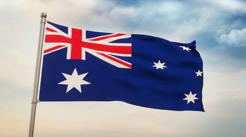 Modern 3D Rendered Australia Flag Waving in the Sky with Silver Pool Illustrazione stock