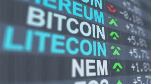 A modern 3d rendering of crypto currency market indicators of Bitcoin, Nem, L Illustrazione stock