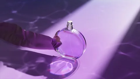 Modern 3D rendering of a perfume bottle on a vibrant purple wavy surface with Stockbeeldmateriaal 274904209