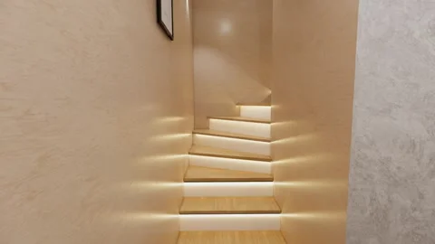 Modern 3D rendering of stairs with warm LED lighting Stock Footage 317696039