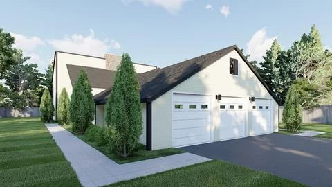 Modern 3D Rendering of a Triple Garage and Home Exterior Stock Illustration