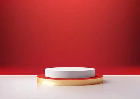 Modern 3D White Circular Podium with Gold Base on Red Background, Ideal for.. Stock Illustration