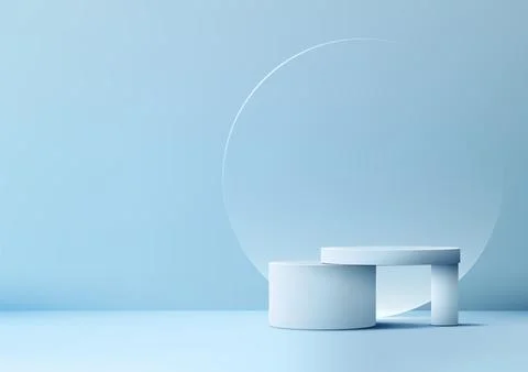 Modern 3D White Podium with Circle Glass Backdrop on Blue Background, Produ.. Illustrazione stock