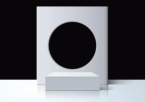 Modern 3d white rectangular frame with a circular cutout, resting on a whit.. Illustrazione stock