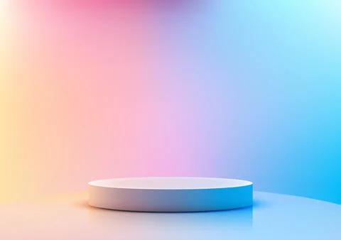 Modern 3d white round platform on reflective surface with vibrant pastel gr.. Stock Illustration