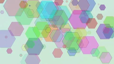 Modern 4K background with overlapping colorful semi-transparent hexagons. C.. 库存插图